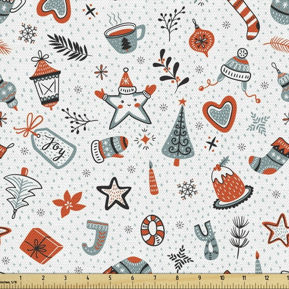 Ambesonne Christmas Fabric by the Yard Upholstery, Mittens Price Tag Tree, 3 Yards, Burnt Sienna Pale Teal