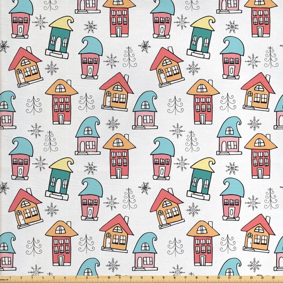 Ambesonne Christmas Fabric by the Yard Upholstery, Noel Theme House, 10 Yards, Multicolor