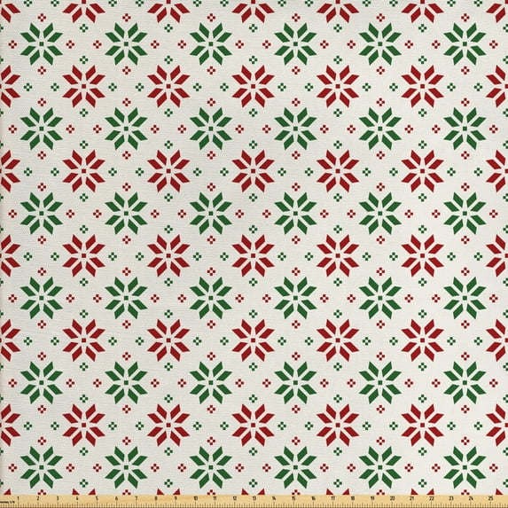 Ambesonne Christmas Fabric by the Yard Upholstery, Norwegian Rose, 2 Yards, Red Green White