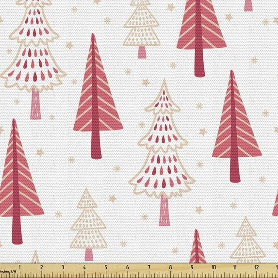 Ambesonne Christmas Fabric by the Yard Upholstery, Ornamental Trees Stars, 10 Yards, Pink Blush