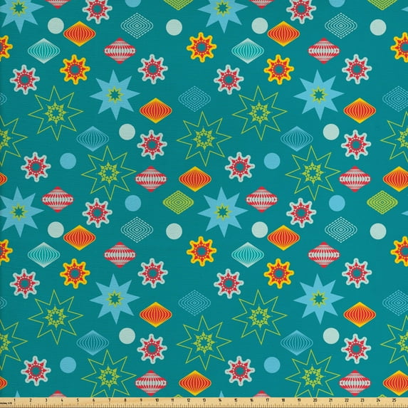 Ambesonne Christmas Fabric by the Yard Upholstery, Ornate Colorful Elements, 10 Yards, Teal Multicolor