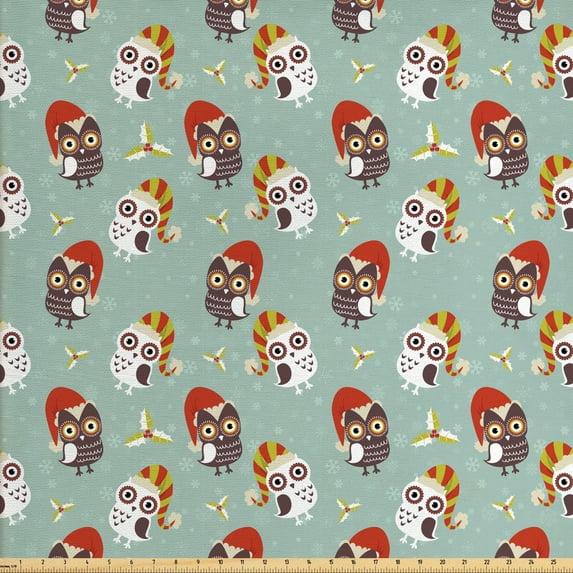 Ambesonne Christmas Fabric by the Yard Upholstery, Owls in Hats Yuletide, 3 Yards, Multicolor