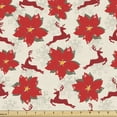 thumbnail image 1 of Ambesonne Christmas Fabric by the Yard Upholstery, Poinsettia Reindeer, 1 Yard, Scarlet Ruby Beige, 1 of 5