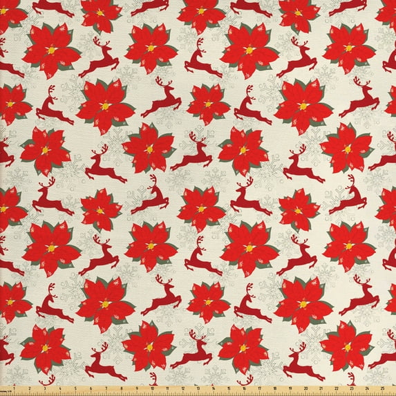 Ambesonne Christmas Fabric by the Yard Upholstery, Poinsettia Reindeer, 10 Yards, Scarlet Ruby Beige