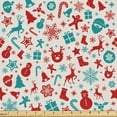 thumbnail image 1 of Ambesonne Christmas Fabric by the Yard Upholstery, Reindeer Santa Snowflakes, 10 Yards, Vermilion and Dark Turquoise, 1 of 1