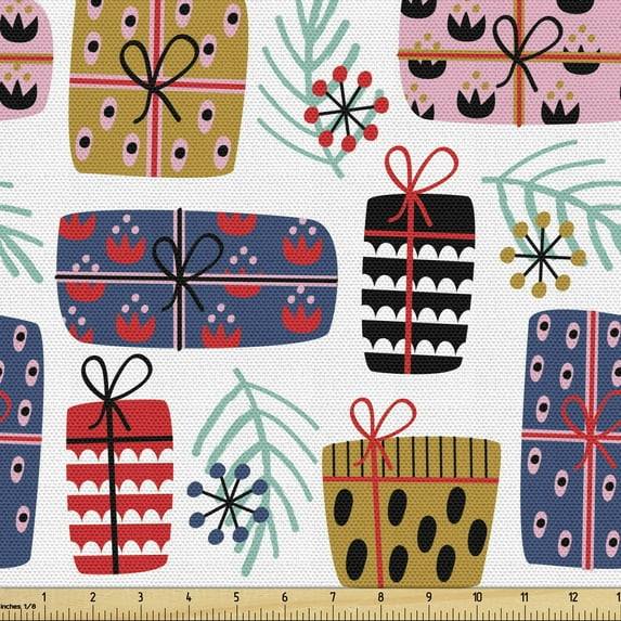 Ambesonne Christmas Fabric by the Yard Upholstery, Scandinavian Gift Boxes, 3 Yards, White Multicolor