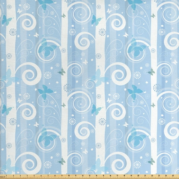 Ambesonne Christmas Fabric by the Yard Upholstery, Snowflakes Butterfly, 10 Yards, Pale Blue White