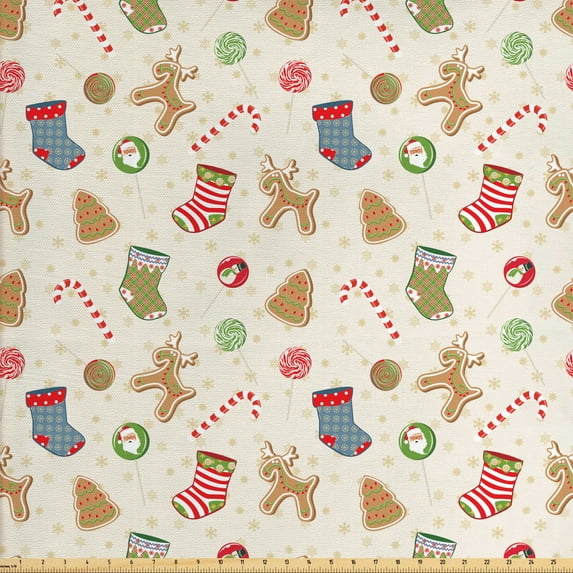 Ambesonne Christmas Fabric by the Yard Upholstery, Traditional Sweets, 2 Yards, Multicolor