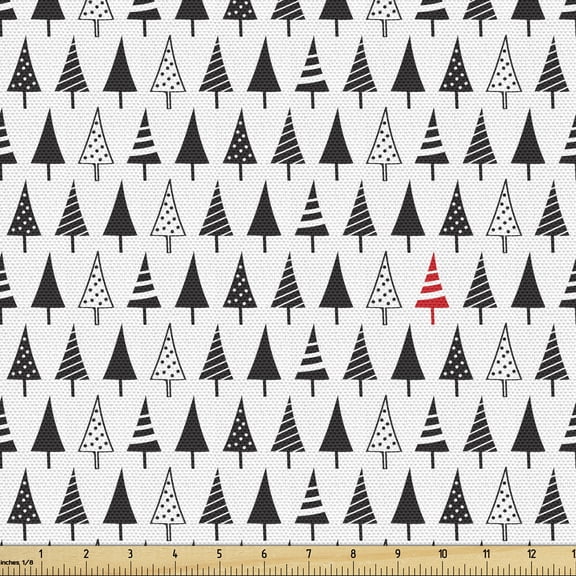 Ambesonne Christmas Fabric by the Yard Upholstery, Triangle Pine Trees, 1 Yard, Charcoal Grey Vermilion