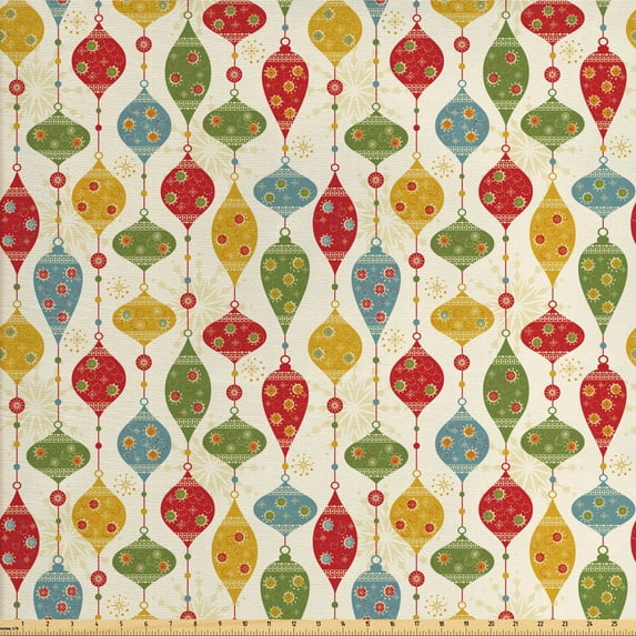 Ambesonne Christmas Fabric by the Yard Upholstery, Vintage Party Print, 2 Yards, Multicolor