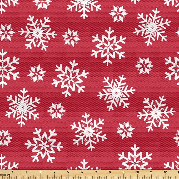 Ambesonne Christmas Fabric by the Yard Upholstery, Vintage Snowflakes Art, 5 Yards, Dark Pink White