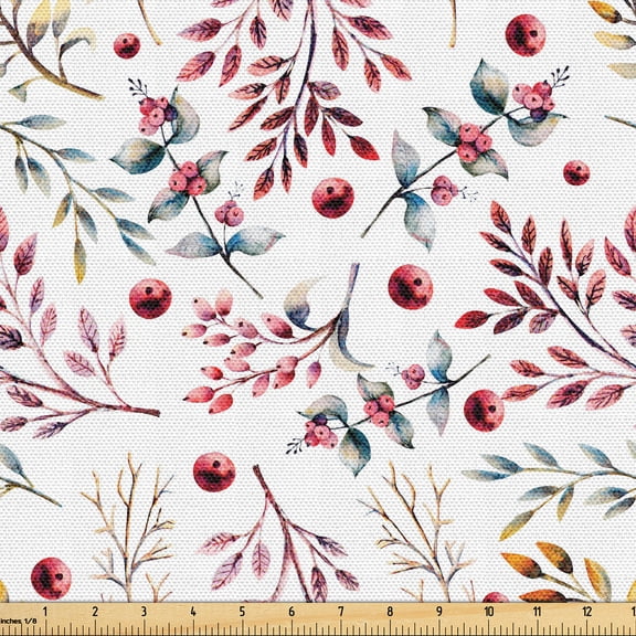 Ambesonne Christmas Fabric by the Yard Upholstery, Winter Branches New Year, 1 Yard, Pale Maroon Grey Teal