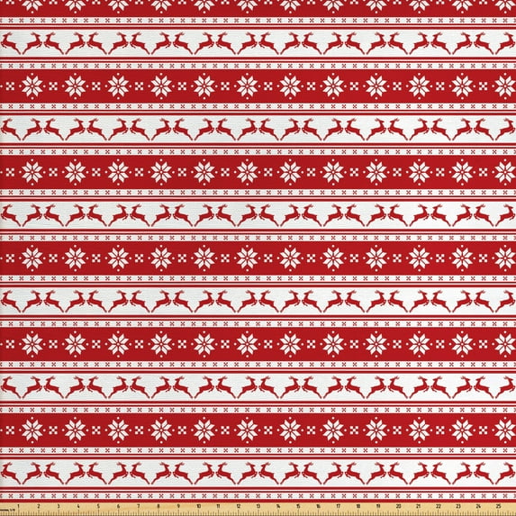 Ambesonne Christmas Fabric by the Yard Upholstery, Winter Deer Snowflake, 3 Yards, Ruby White