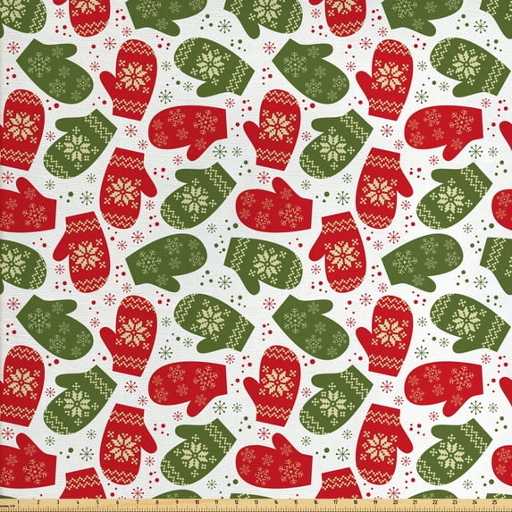 Ambesonne Christmas Fabric by the Yard Upholstery, Winter Mitten Nordic, 3 Yards, Green Red and White