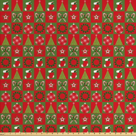 Ambesonne Christmas Fabric by the Yard Upholstery, Xmas Eve Ornaments, 3 Yards, Olive Green White