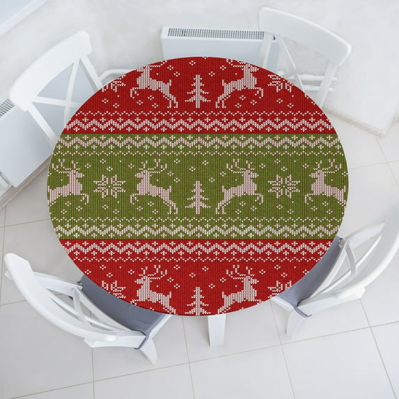 Ambesonne Christmas Fitted Round Tablecloth, Nordic Deer Vintage Xmas, 56"- 60" Diameter, Green Dark Pink