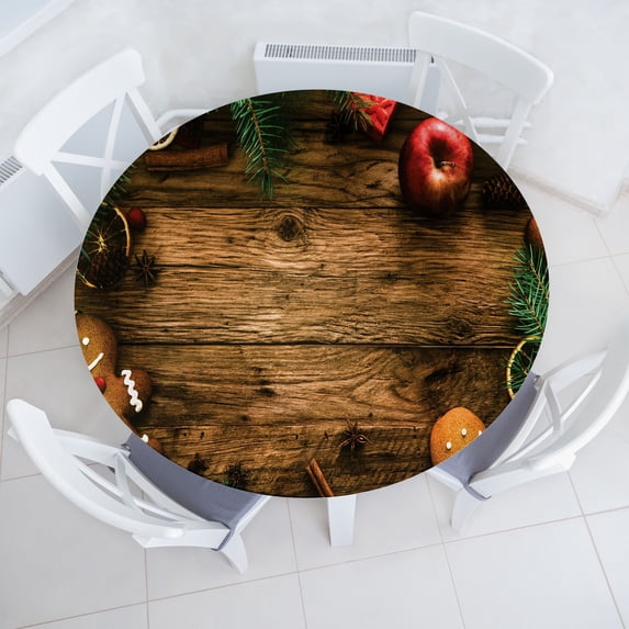 Ambesonne Christmas Fitted Round Tablecloth, Rustic Lodge Wood, 40"- 44" Diameter, Brown Green