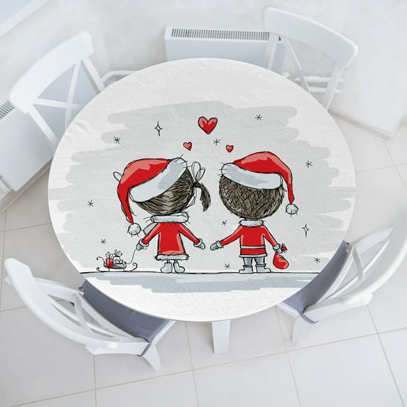 Ambesonne Christmas Fitted Round Tablecloth, Santa Costumes, 36"- 40" Diameter, Red White