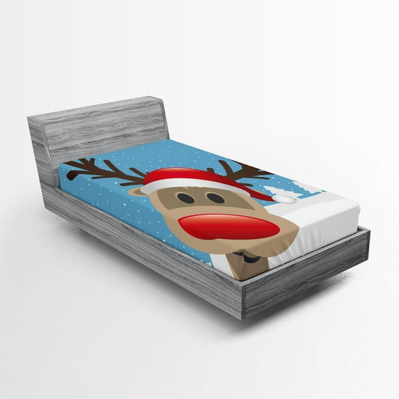 Ambesonne Christmas Fitted Sheet 2 Pcs Set, Reindeer Rudolph Hat, Twin XL, Pale Blue Red Pale Brown