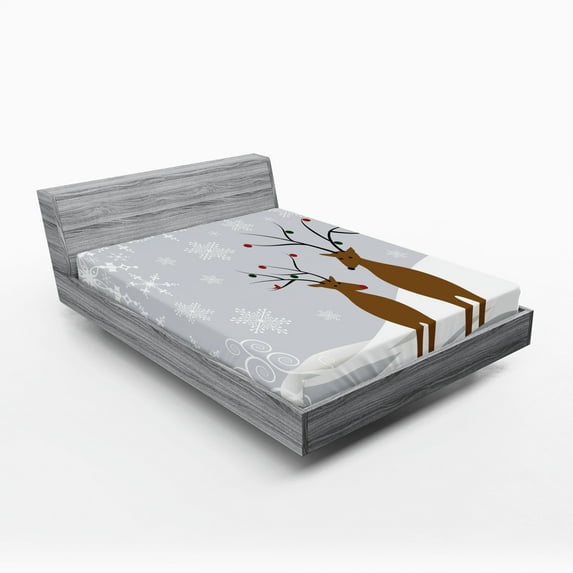 Ambesonne Christmas Fitted Sheet 2 Pcs Set, Reindeers Noel, California King, Brown Pale Grey White