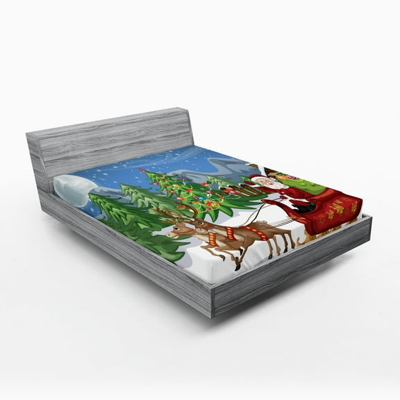Ambesonne Christmas Fitted Sheet 2 Pcs Set, Snowdrift Reindeers, California King, Multicolor