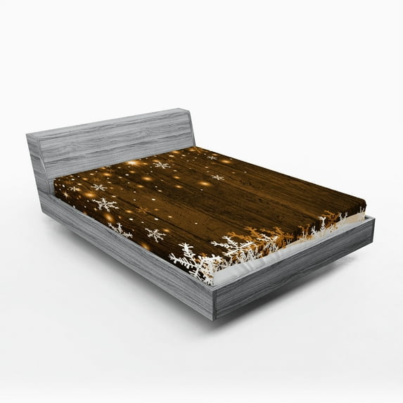 Ambesonne Christmas Fitted Sheet 2 Pcs Set, Wood and Snowflakes, King, Brown White
