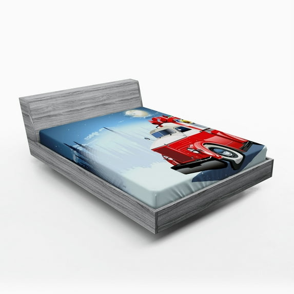 Ambesonne Christmas Fitted Sheet, American Truck Gifts, Queen Size, Blue Red White