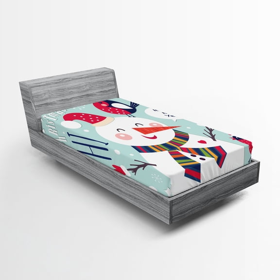 Ambesonne Christmas Fitted Sheet, Bird Snow Xmas Theme, Twin Size, Blue White