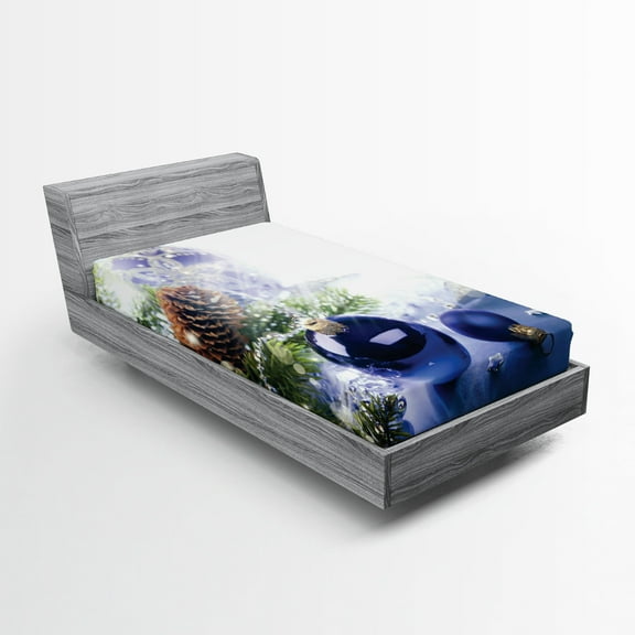 Ambesonne Christmas Fitted Sheet, Blue Toned Ornamental, Twin XL Size, Multicolor