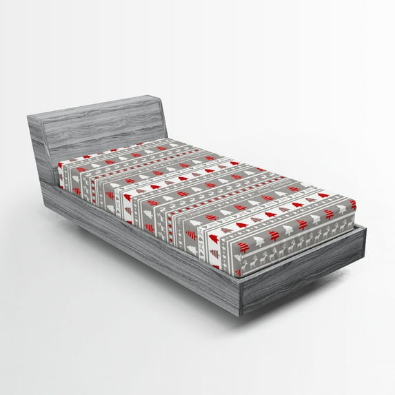 Ambesonne Christmas Fitted Sheet, Deer Trees Borders, Twin XL Size, Grey White and Red