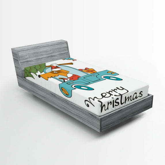 Ambesonne Christmas Fitted Sheet, Dog in Vintage Car, Twin XL Size, White Multicolor