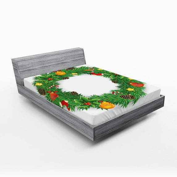 Ambesonne Christmas Fitted Sheet, Evergreen Wreath Art, Queen Size, Green White