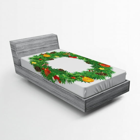 Ambesonne Christmas Fitted Sheet, Evergreen Wreath Art, Twin Size, Green White