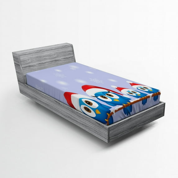 Ambesonne Christmas Fitted Sheet, Fun Birds Santa Hats, Twin XL Size, Blue Red