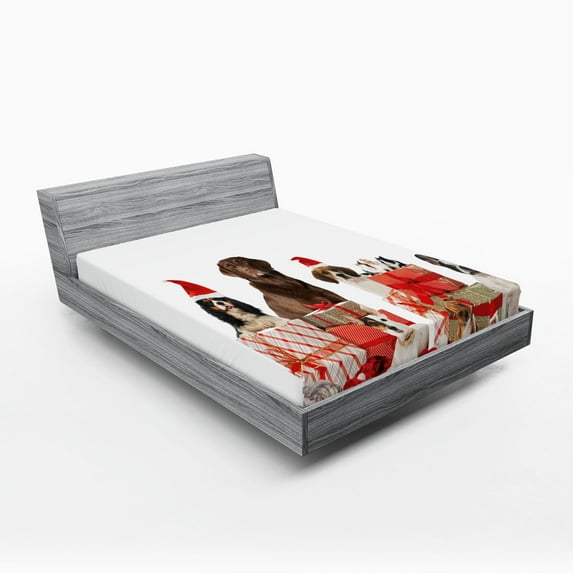 Ambesonne Christmas Fitted Sheet, Funny Pets Gifts Photo, California King, White Brown and Red