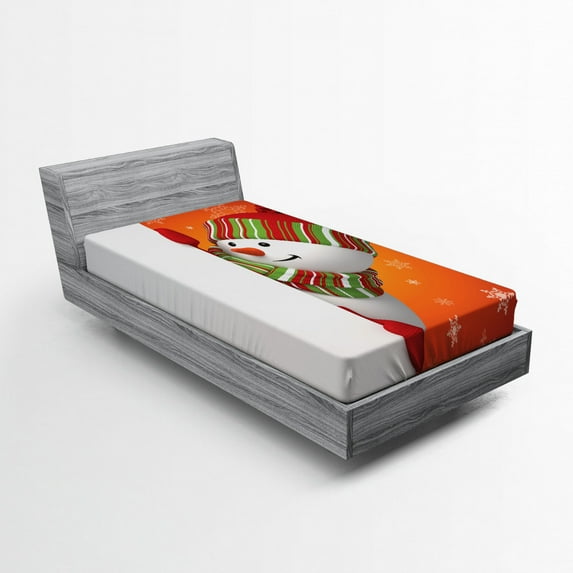 Ambesonne Christmas Fitted Sheet, Funny Snowman Santa, Twin XL Size, White Orange