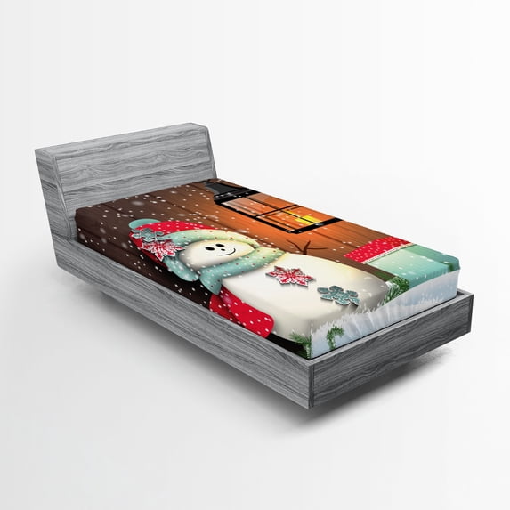 Ambesonne Christmas Fitted Sheet, Garden with Gift Box, Twin XL Size, White Brown