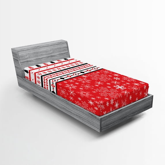 Ambesonne Christmas Fitted Sheet, Geometric Snowflakes, Twin XL Size, Red White