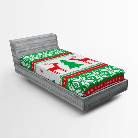 Ambesonne Christmas Fitted Sheet, Holiday Season Deer, Twin XL Size, Red Green White