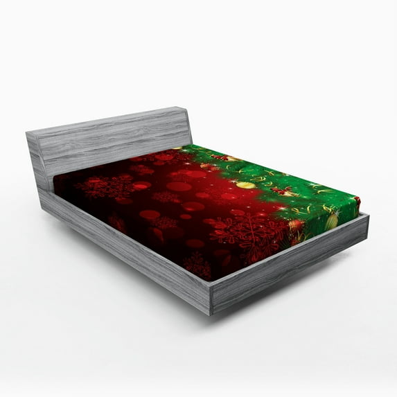 Ambesonne Christmas Fitted Sheet, Jingle Bells Trees, Queen Size, Burgundy and Green