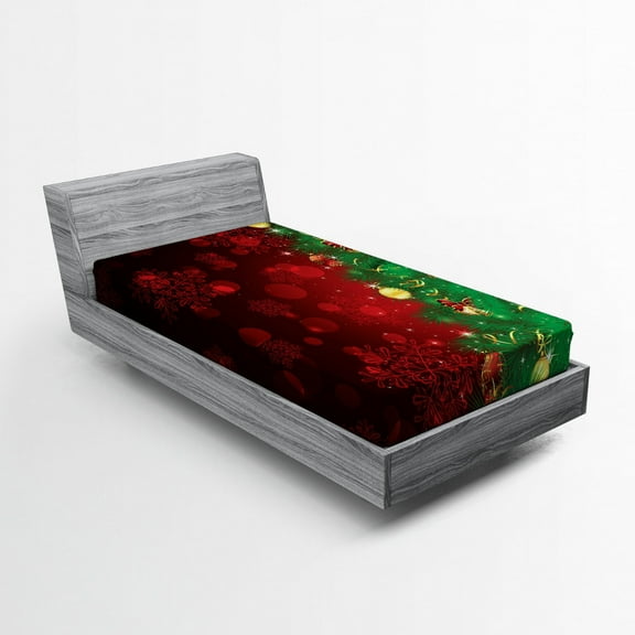 Ambesonne Christmas Fitted Sheet, Jingle Bells Trees, Twin Size, Burgundy and Green