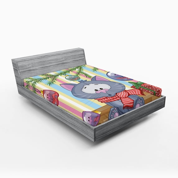 Ambesonne Christmas Fitted Sheet, Kitten Gift and Tree, Queen Size, Multicolor