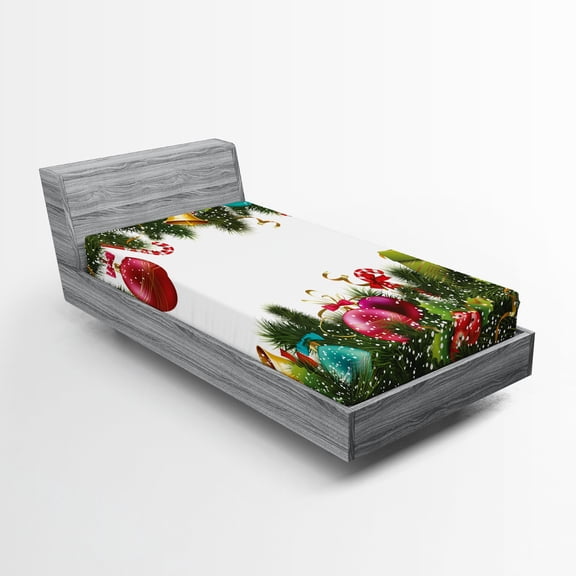Ambesonne Christmas Fitted Sheet, New Year Greeting, Twin Size, Multicolor