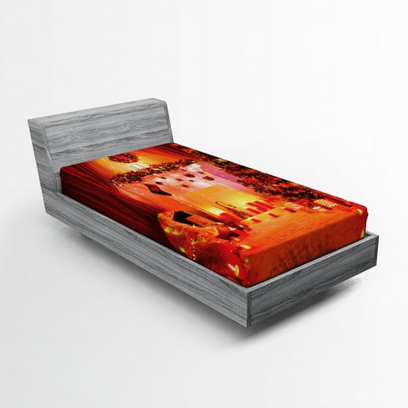 Ambesonne Christmas Fitted Sheet, Noel New Years Theme, Twin XL Size, Orange