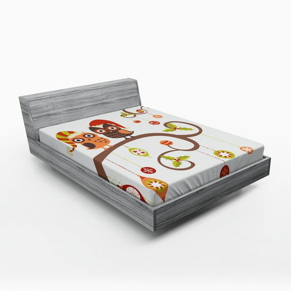 Ambesonne Christmas Fitted Sheet, Noel Owls Folkloric, Queen Size, Multicolor