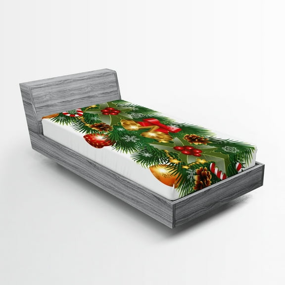 Ambesonne Christmas Fitted Sheet, Noel Tree Ornaments, Twin Size, Multicolor