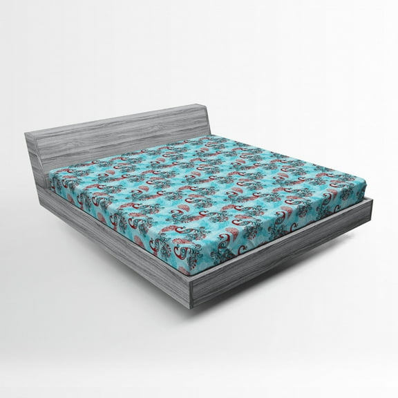 Ambesonne Christmas Fitted Sheet, Peacocks Snowflakes, Queen Size, Sky Blue Red