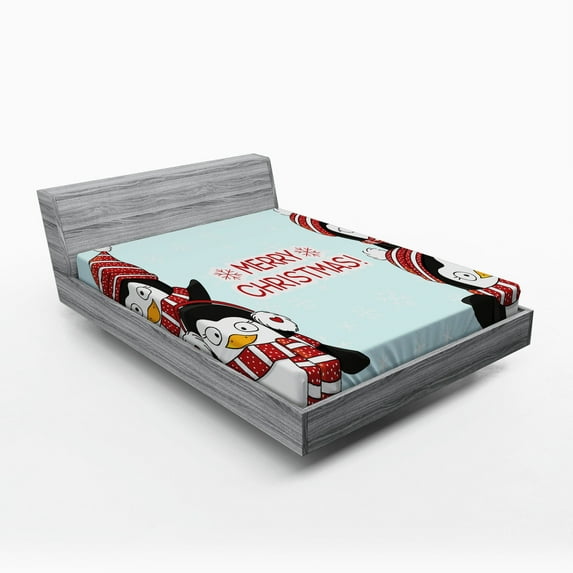 Ambesonne Christmas Fitted Sheet, Penguins, Full Size, Blue Red