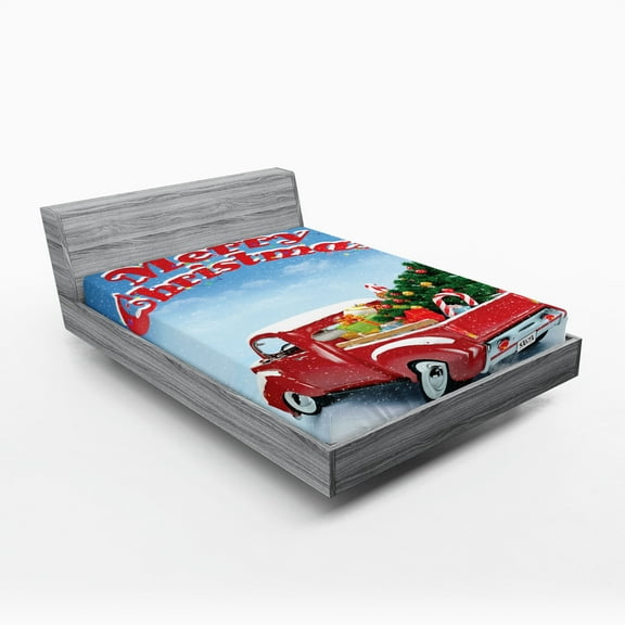 Ambesonne Christmas Fitted Sheet, Pickup Truck Ornate, California King, Multicolor