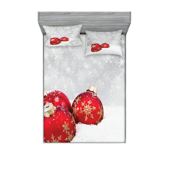 Ambesonne Christmas Fitted Sheet & Pillow Sham Set, Baubles on Snowflake, Queen, Red White